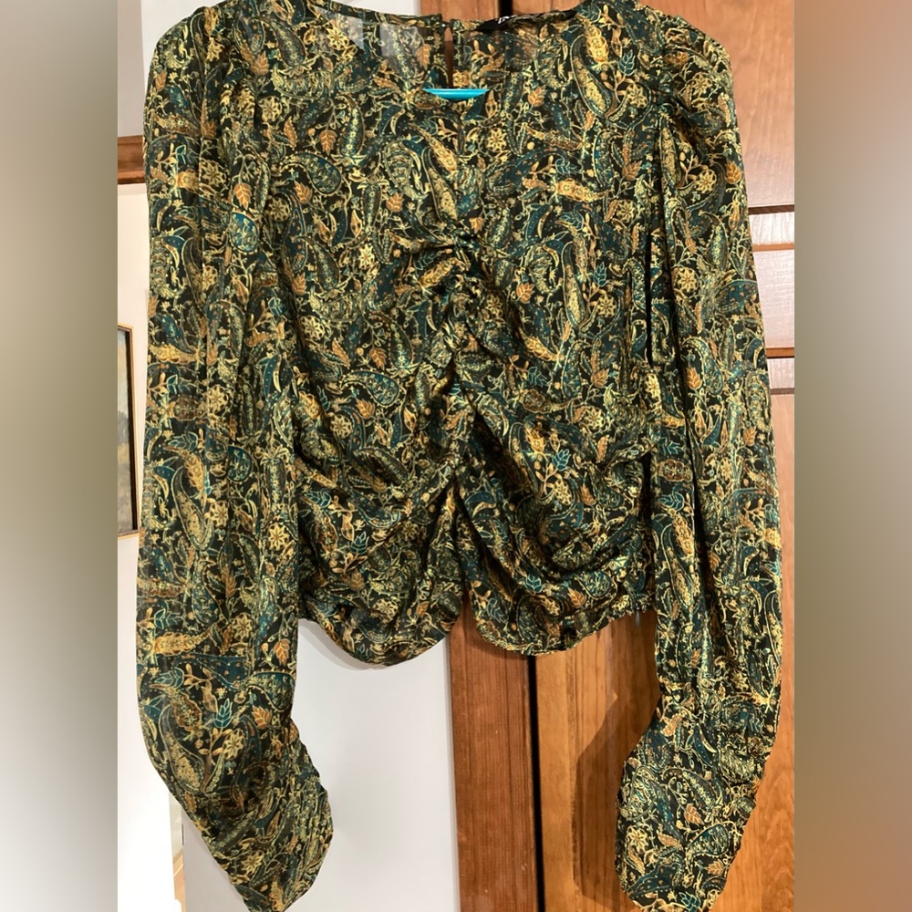 Zara Green Paisley Ruched Balloon Sleeve Blouse M Medium